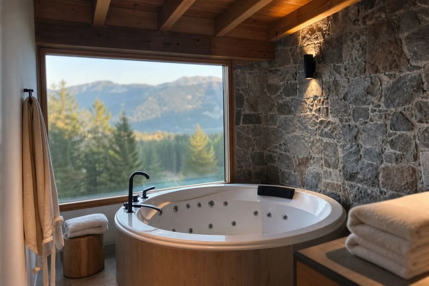 Bain rond, mur de pierre et forêt à perte de vue